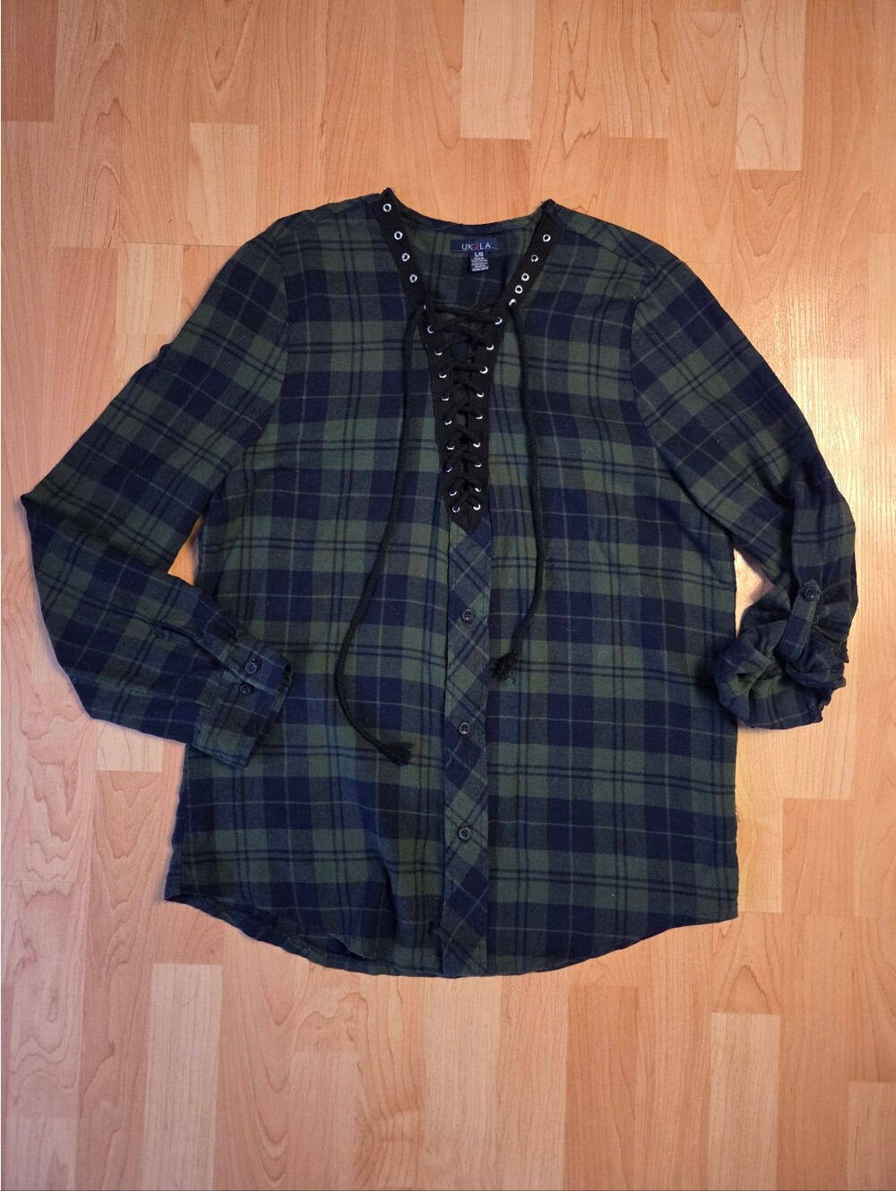 UK2LA lace-up neckline plaid flannel shirt
